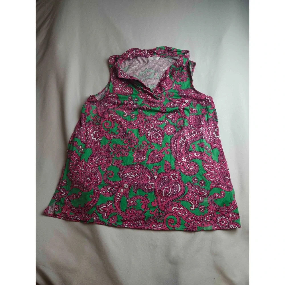 Crown & Ivy Top Womens L Green Pink Paisley Country Club Summer Resortwear